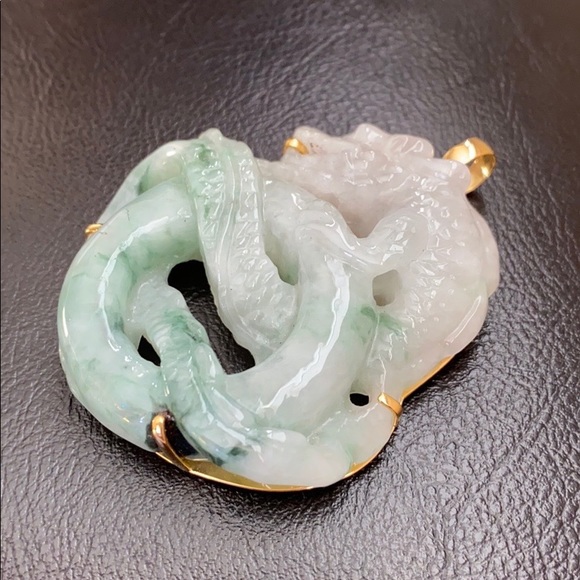 14K Real Gold Carved Dragon Natural Jade Pendant L - Picture 6 of 16